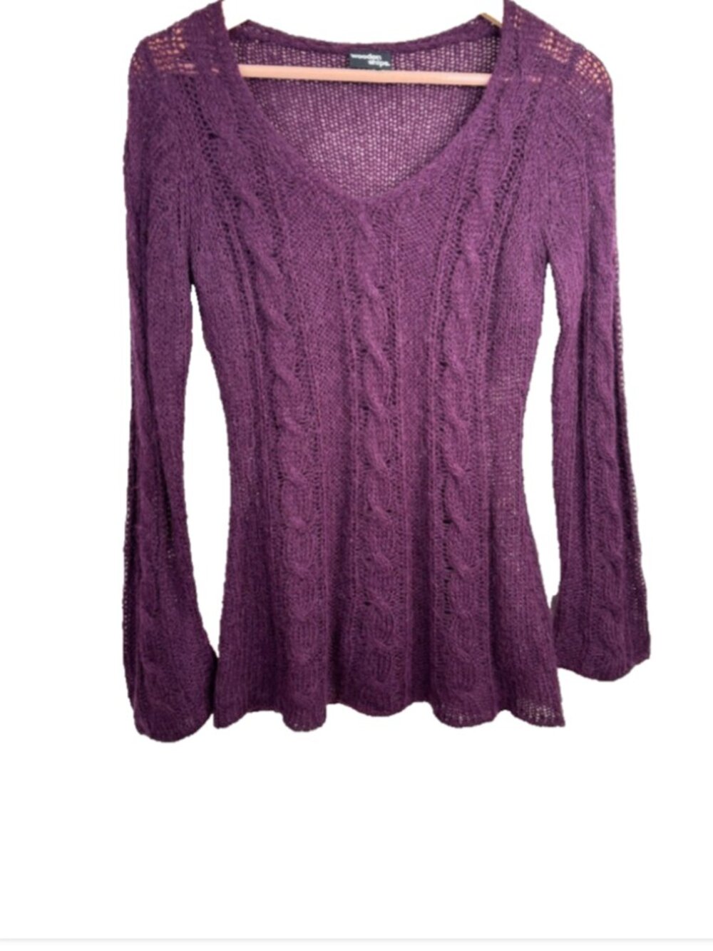 Wooden Ships Sweater S/M Purple Mohair Wool Cable Knit V-Neck Longline Y2K Boho